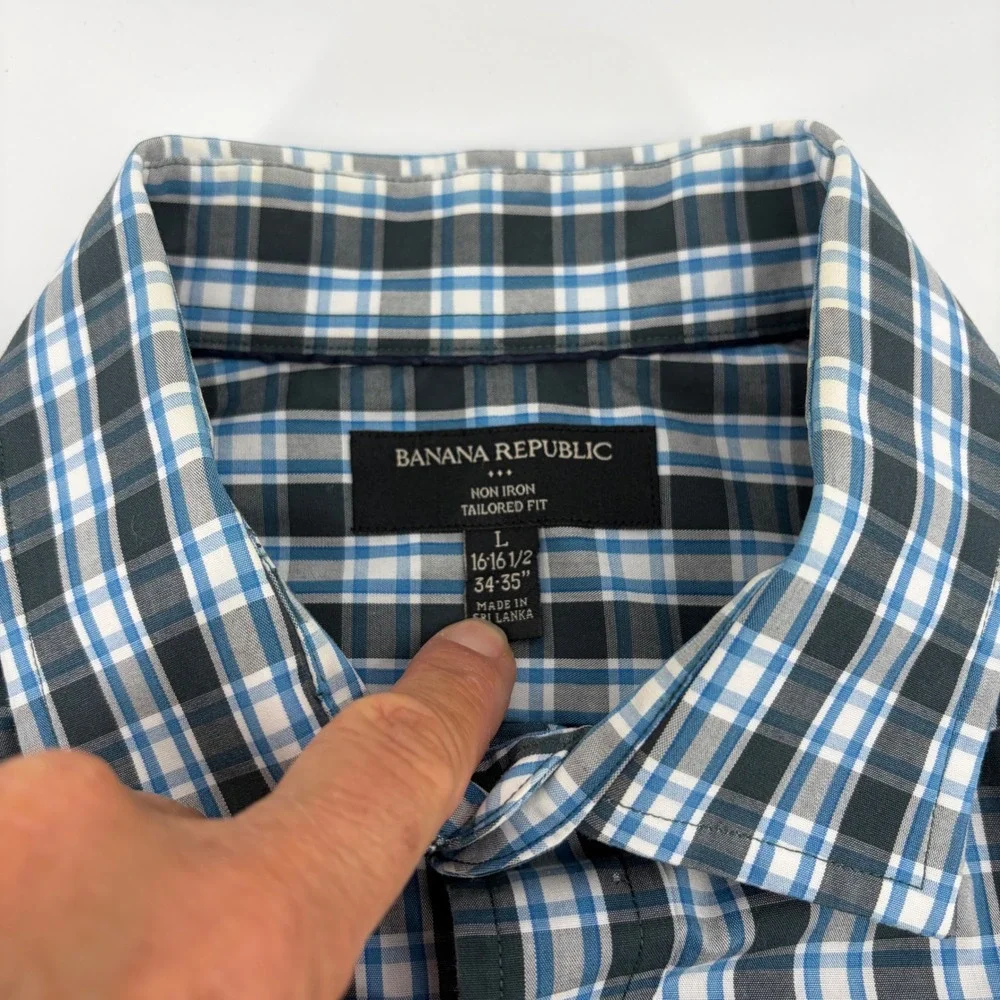 Banana Republic Mens‎ Tailored Fit Non Iron Plaid Shirt Blue Black L 16-16.5